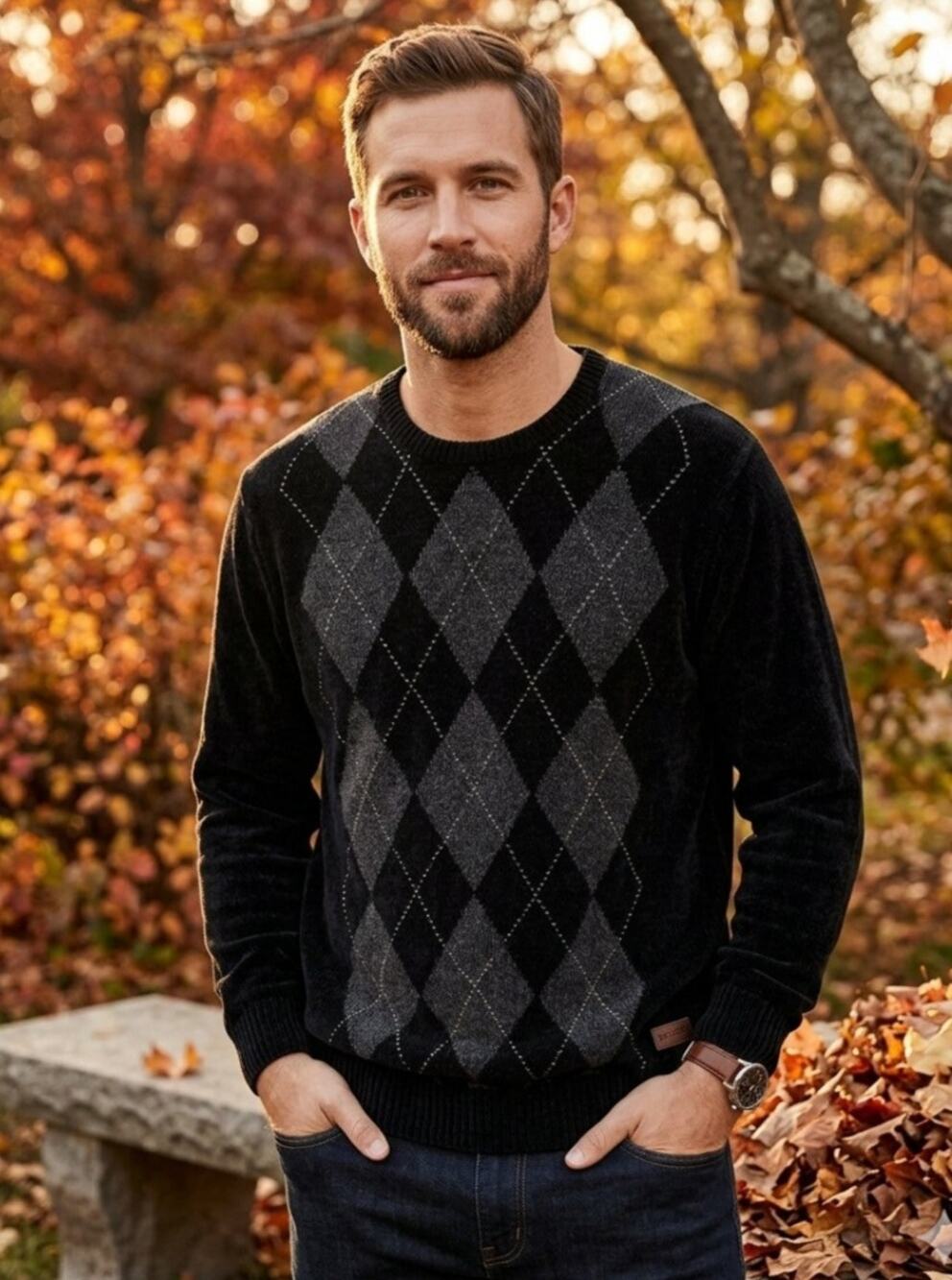 Vintage Dockers Mens LT Geometric Argyle Knit Sweater Black Gray Dark Academia